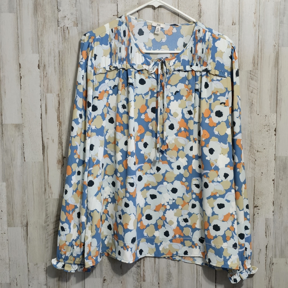 Joie Long Sleeve Floral Peasant Boho Blouse Button Placket Front Tie Size Large